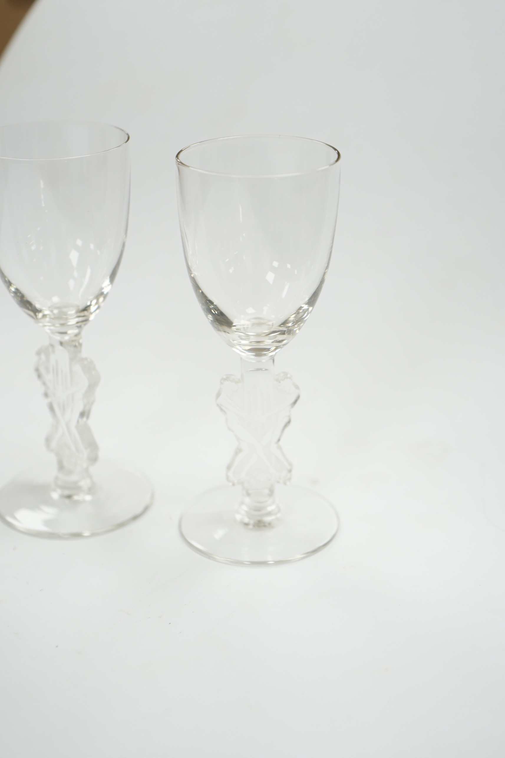 Two rare R. Lalique ‘Strasbourg’ liqueur glasses, signed, Marcillac 5086, height 11.5cm. Condition - good